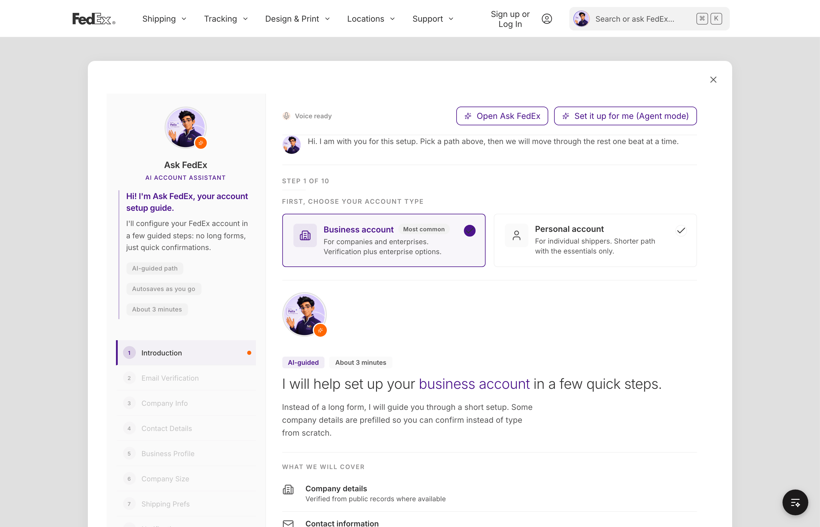 Ask FedEx AI account assistant guiding a multimodal enterprise onboarding flow with voice-ready controls and structured account setup