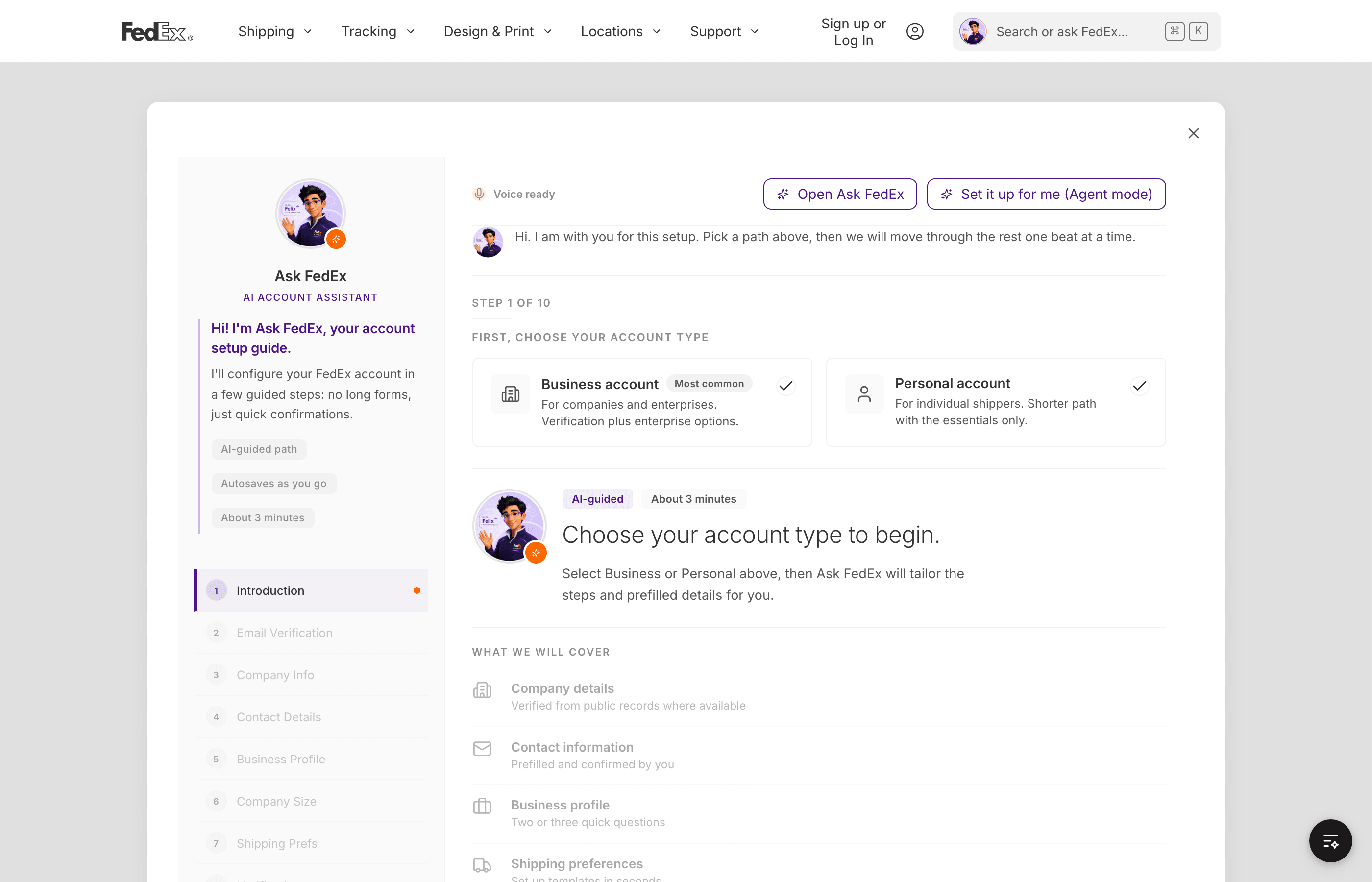 FedEx account setup with business or personal path selection, voice-ready entry, and Ask FedEx agent mode controls