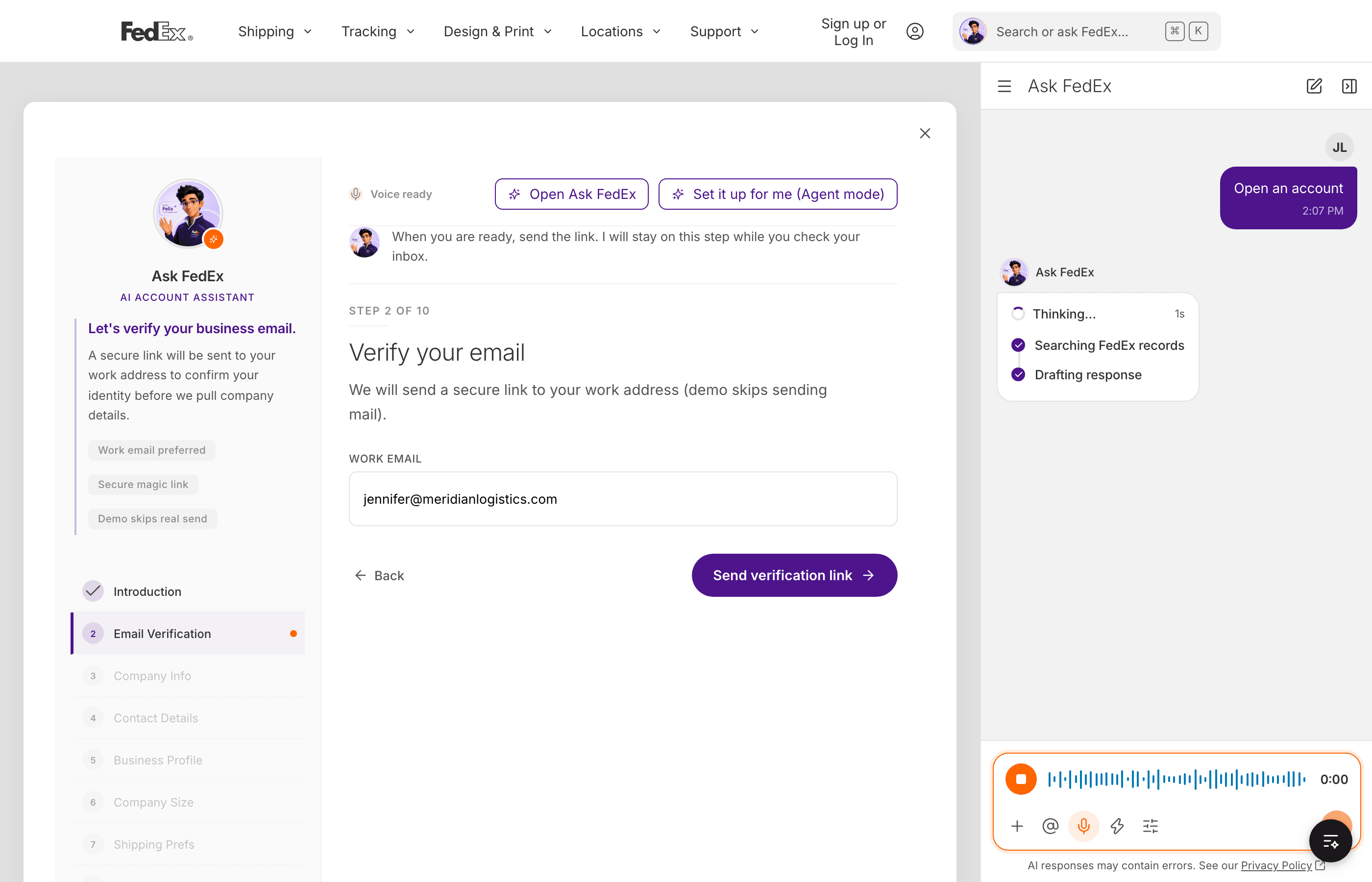 Ask FedEx sidebar with voice waveform, visible AI reasoning steps, and email verification form in the main onboarding surface