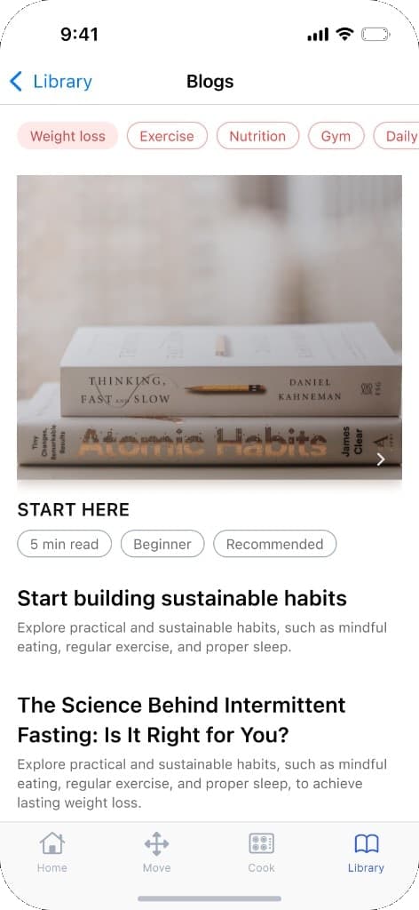 Healthii Blogs library screen showing wellness articles and saved content