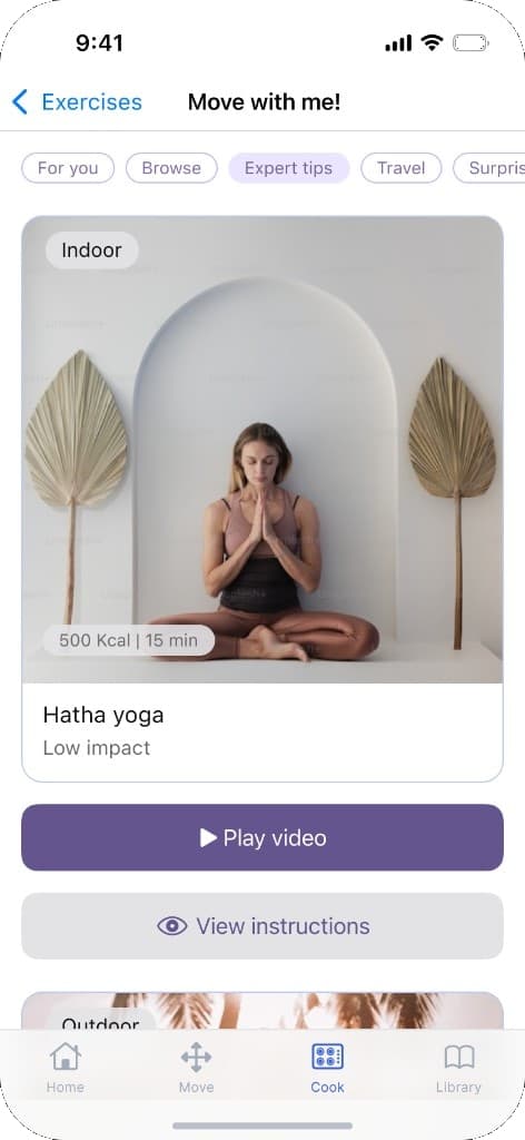 Healthii Move with me exercise detail screen with video and instructions